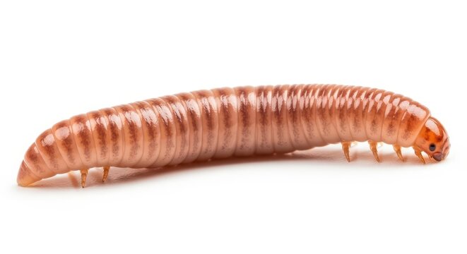 Close-up macro photograph of a pale, pinkish earthworm crawling slowly across a seamless, pure white background, simple, crawling, close-up