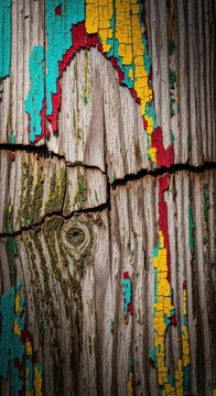 Close-up abstract background of severely weathered wooden surface showing peeling paint, cracking, heavy discoloration, and rough grain detail, patine, texture, bleached