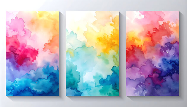 Abstract colorful watercolor splashes, vibrant gradients blending from blue and green to pink, orange, and yellow, dynamic cloud formations