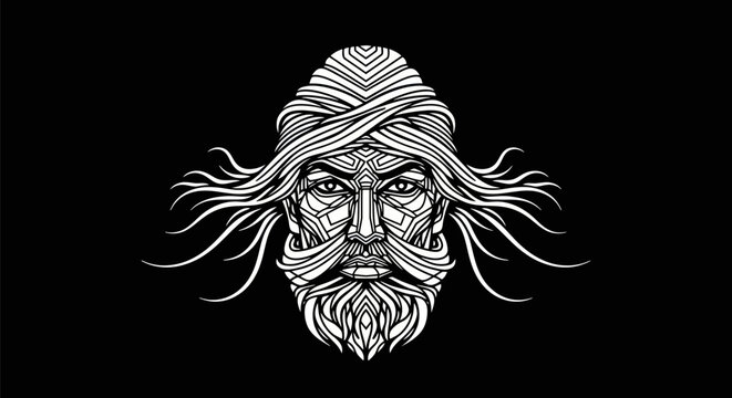 Intricate line art portrait of a bearded figure