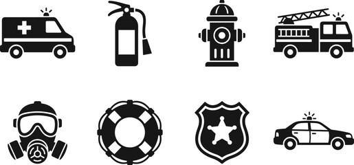 Emergency Medical and Rescue Services Vector Icon Set, ambulance fire truck police car lifebuoy extinguisher mask and rapid response symbols for healthcare and public protection systems © ArtMint