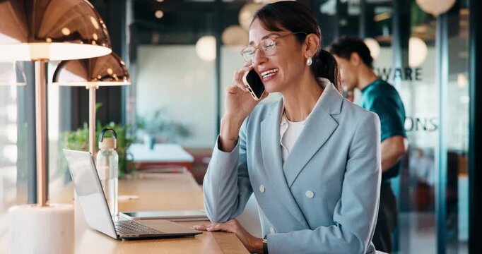 Laptop, cafe or businesswoman with phone call for remote work, investment advice or planning for laugh. Happy, typing and mature advisor with tech for wealth management tips, freelancer or restaurant