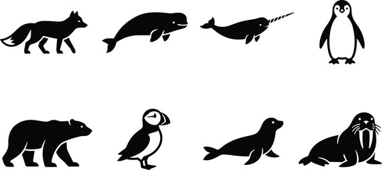 Arctic and Marine Wildlife Vector Icon Set, polar bear seal walrus penguin whale and ocean animal silhouettes for environmental conservation and climate awareness design © ArtMint