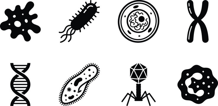 Microbiology and Laboratory Science Vector Icon Set, bacteria virus DNA strand cell structure petri dish chromosome and microscopic research symbols for medical and biotech themes