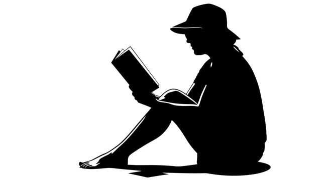 Silhouette of a person wearing a hat reading a book.