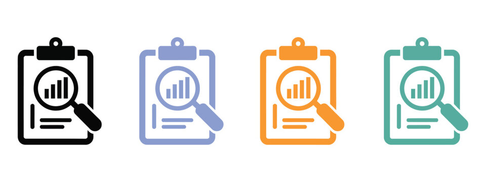 Analyze Company Growth Report with Magnifying Glass Icon Set, talent management and skill gap analysis glyph icon collection representing performance measurement, business intelligence, evaluation 