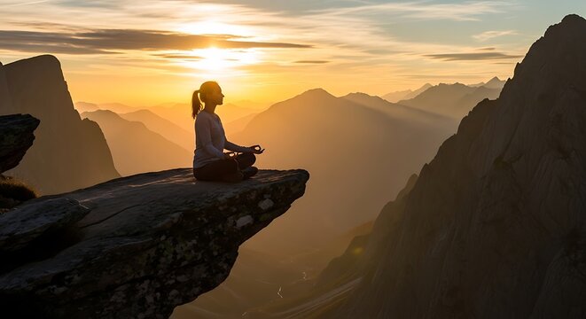 International yoga day woman meditating in lotus position on mountain cliff at sunrise