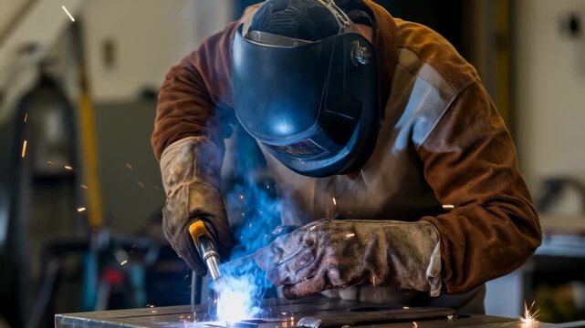 A worker uses a welding torch to join metal pieces in a workshop. Sparks fly as the torch creates heat. The worker wears protective gloves and a helmet. This activity shows skill and focus