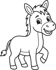 Naklejka premium Cute cartoon donkey coloring page for kids. Happy burro line art vector illustration. Farm animal coloring book page. Little mule black and white outline. Educational activity worksheet for children. 