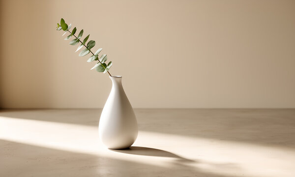 Minimalist white ceramic vase with single eucalyptus stem on beige background with natural light