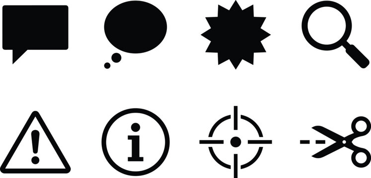 Communication and User Interface Vector Icon Collection, speech bubbles notification alerts search magnifier warning information target and interaction symbols for web and mobile apps