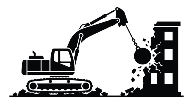 Excavator Demolishing Building Black Silhouette construction vehicle