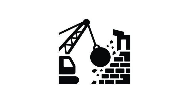 Demolition Crane And Collapsing Brick Wall Black Silhouette