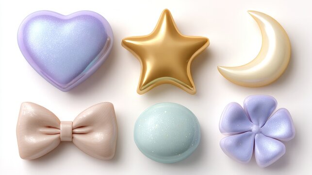Pastel shapes glow softly against a clean white background. Heart, star, moon, bow, ball, and flower form a gentle ensemble. Each piece sparkles with a dreamy, delicate finish