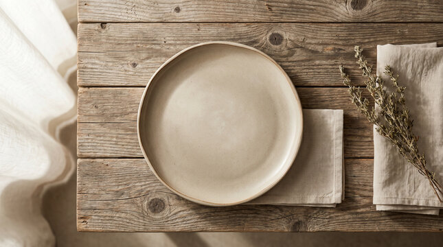 Empty ceramic plate placed on a rustic wooden table with linen napkin and dried herbs captured from a top view angle in soft natural lighting
