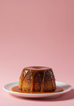 Delicious sticky toffee pudding drowned in rich caramel sauce, presented elegantly against a soft pastel pink background, sticky toffee pudding, delicacy, steamed