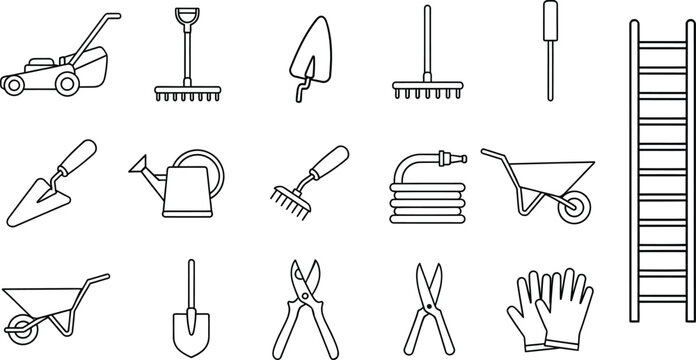 Set of black and white garden tools and equipment icons for landscaping and yard work