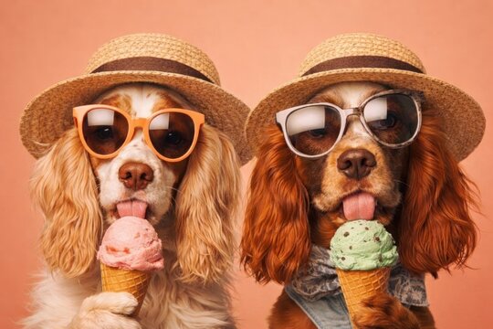 Dogs enjoying ice cream cones.
