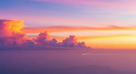 Fototapeta premium Surreal dreamscape where soft cumulus clouds meet the distant, foggy horizon, creating an imaginary ethereal boundary line at sunset, landscape, horizon, line
