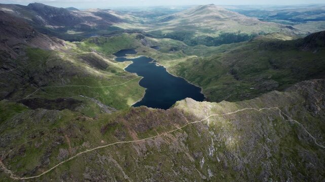 Aerial drone view of Llyn Idwal and Ogwen Valley in Snowdonia National Park, Wales