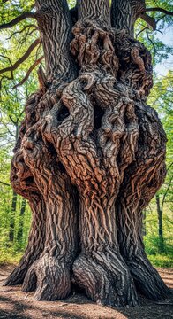 A massive, ancient tree bole dominates the forest landscape, showcasing rough bark texture and powerful natural growth, bark, wilderness, girth