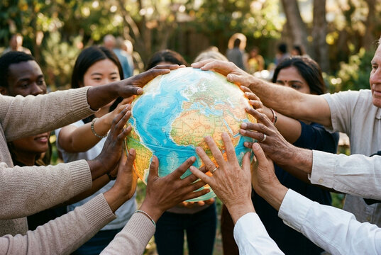 Diverse group of people holding a globe together in hands concept