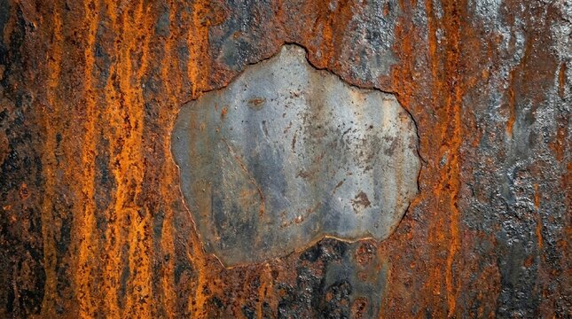 Close-up of rusty metal surface with orange streaks and a patch of exposed steel