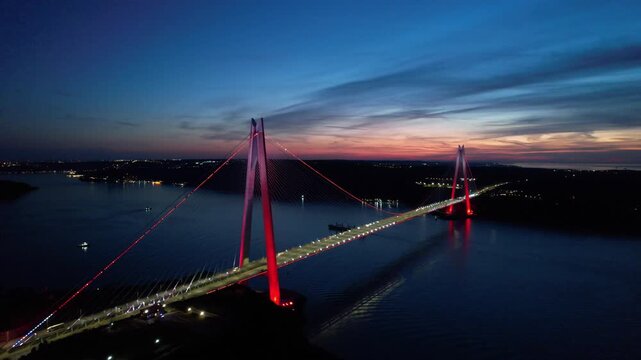 Yavuz Sultan Selim Bridge in Istanbul, Turkey. Aerial view at sunset with drone. Colorful bridge and weather.
