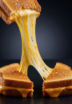 Close-up studio shot showing a golden brown grilled cheese sandwich being pulled apart, creating a long, stringy melt of creamy, yellow cheese, cooking, simple, brown