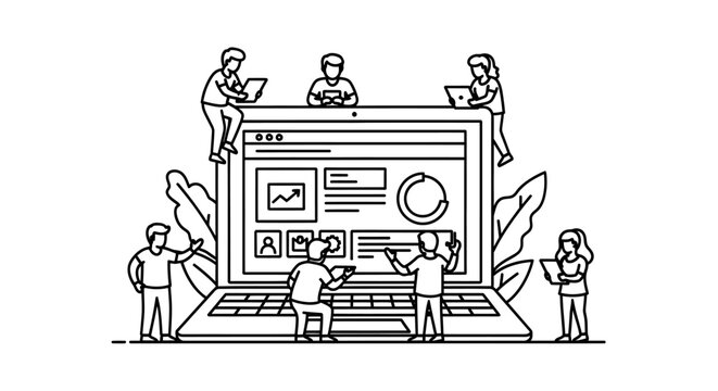 People working together on a large computer.