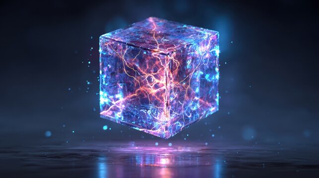 Glowing Cosmic Cube With Energy Sparks Floating Above Dark Surface.