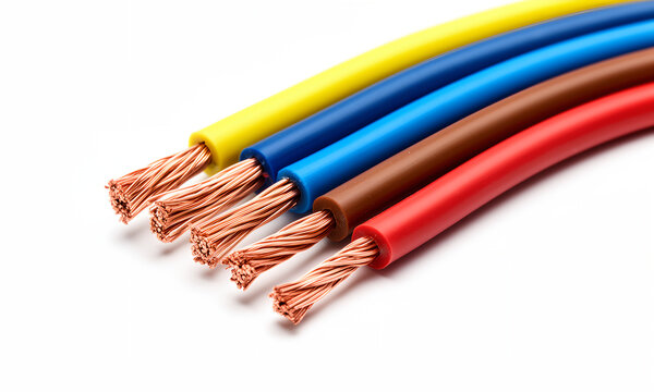 Close up of colorful insulated electrical copper wires against a clean white background