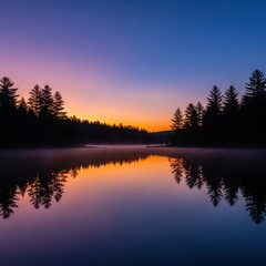 Obraz premium Serene twilight landscape of a calm lake reflecting the fading colors of the evening sky, surrounded by dark wilderness, dramatic, wilderness, relaxation