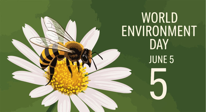 World Environment Day vector banner with honey bee on white daisy flower. World Environment Day ecological graphic concept. World Environment Day poster template.
