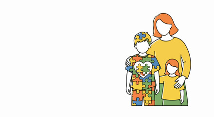 Naklejka premium Happy family illustration with mother and two children wearing face masks. Colorful cartoon family portrait for parenting blog or family-themed content.
