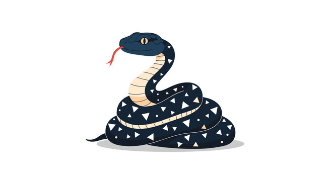 Illustration of a black snake coiled on the ground featuring a pattern of white triangles and a red flickering tongue.