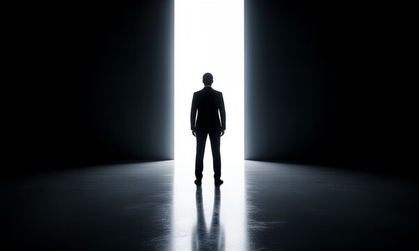 Man in Silhouette Standing at Bright Light Entrance, Symbolizing Opportunity and Future