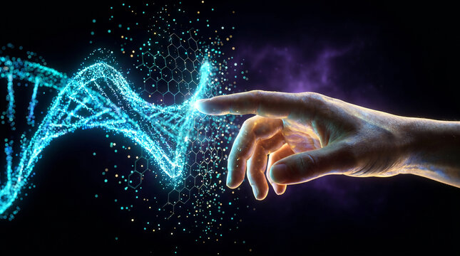 Businessman touching an abstract digital neural network vortex, representing artificial intelligence, big data, cyberspace connectivity, machine learning, innovation, and digital transformation techno