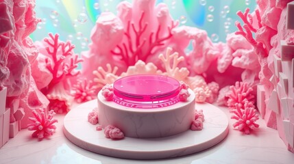 Naklejka premium Pink product display. Coral surrounds pedestal. Bubbles float within vibrant underwater scene. Soft lighting creates dreamy aesthetic.