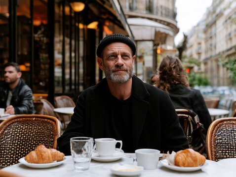 Middle Aged Man Relaxing on Sunny Terrace While Enjoying Fresh Breakfast and Morning Coffee, Peaceful Lifestyle Scene With Natural Light, Outdoor Dining Atmosphere and Comfortable Daily Routine