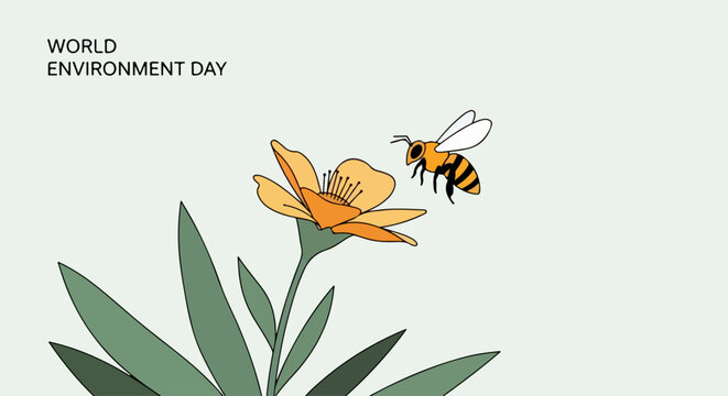 World Environment Day illustration with yellow flower and bee pollinating. Minimalist vector design for eco campaigns. Awareness poster concept.