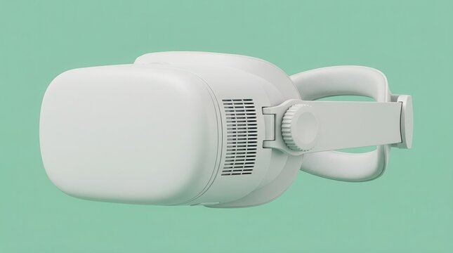 Front three quarter macro shot of a white virtual reality headset with adjustable strap and textured surface against a solid mint green background
