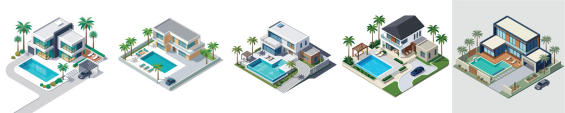 Collection of isometric illustrations showcasing contemporary residential architecture with luxury swimming pools and modern design elements for ideal home living concepts