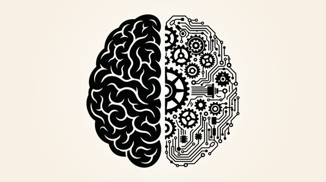 Artificial Intelligence Brain Fusion Icon with Mechanical Gears and Neural Technology
