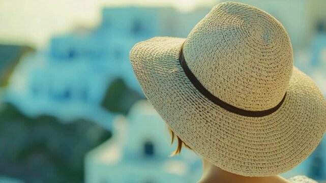 Female wearing wide brim straw hat in sunlight, overlooking blue roof village