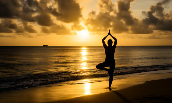 Peaceful silhouette of a person practicing yoga tree pose on a tranquil beach at golden sunset.