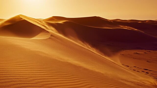 Golden Hour Desert Landscape with Rippling Sand Dunes and Wind-Blown Sand Creating Dynamic Textures and Soft Light