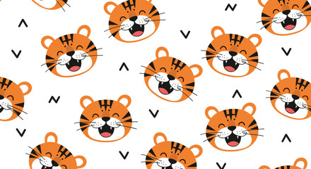 Obraz premium Playful seamless pattern of cute orange smiling tiger heads and small abstract black marks on a white background.