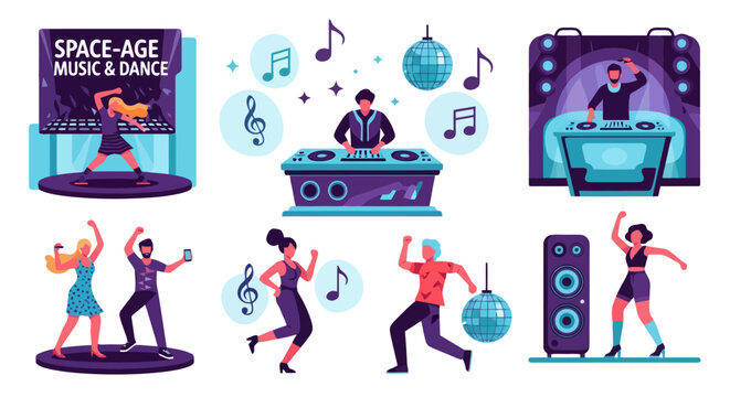 Collection of vibrant illustrations depicting people dancing and DJs performing at various music events and parties.