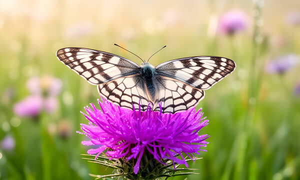 Majestic Marbled White butterfly resting on a vibrant purple thistle flower in a sunlit meadow.